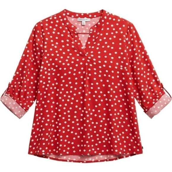 Cato Tops - women Cato Polka Dot V-Neck Blouse‎ Size S Red Used Retro Classic Round Hem